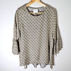 LaRoque Bell Sleeve Silk Top Tunic Blouse One Size OS Tan Black Lattice XL